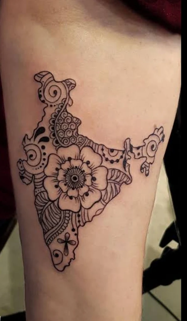 India-map mandala — forearm, hand-drawn fusion piece