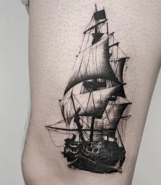 Black-and-grey ship — leg, dot-work realism