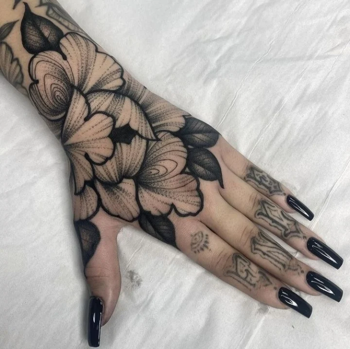 Peony floral — hand and forearm, ornamental shading