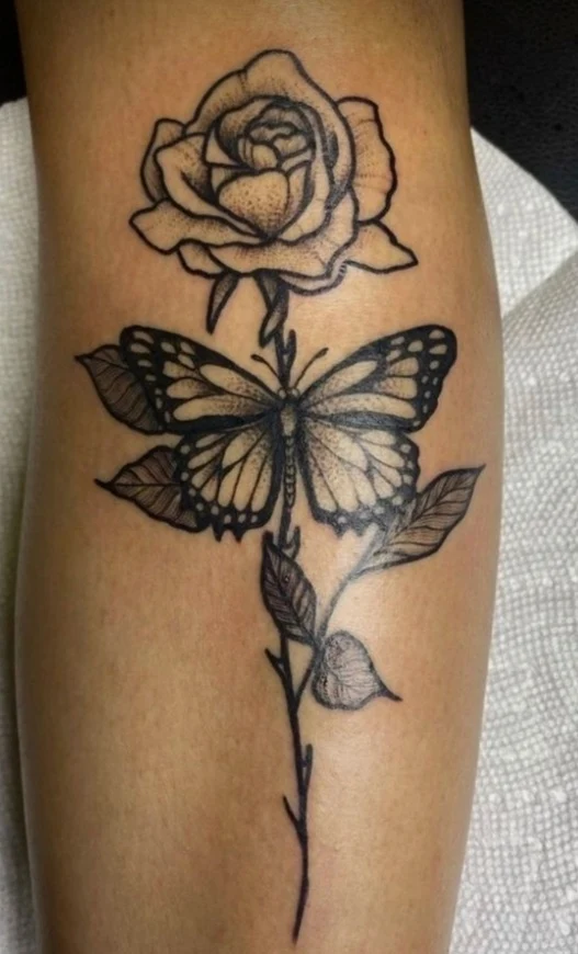 Rose and butterfly — leg, sketchbook line work