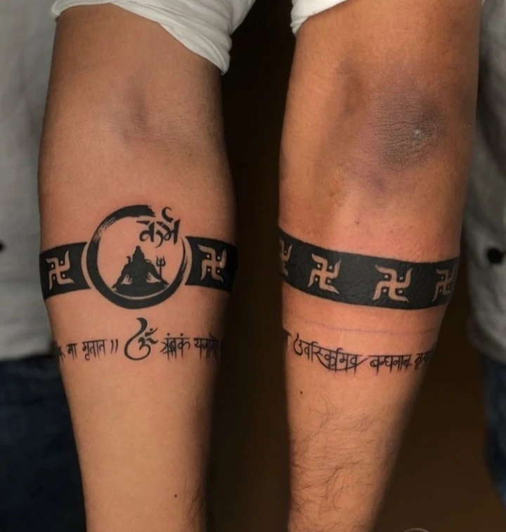 Devanagari + Shiva trident armband — forearm, sanskrit script with Om and trishul (matched pair piece)