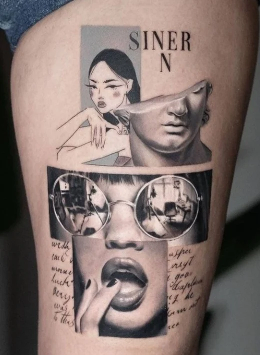 Portrait composite — thigh, sketchbook-style face with mixed-media collage